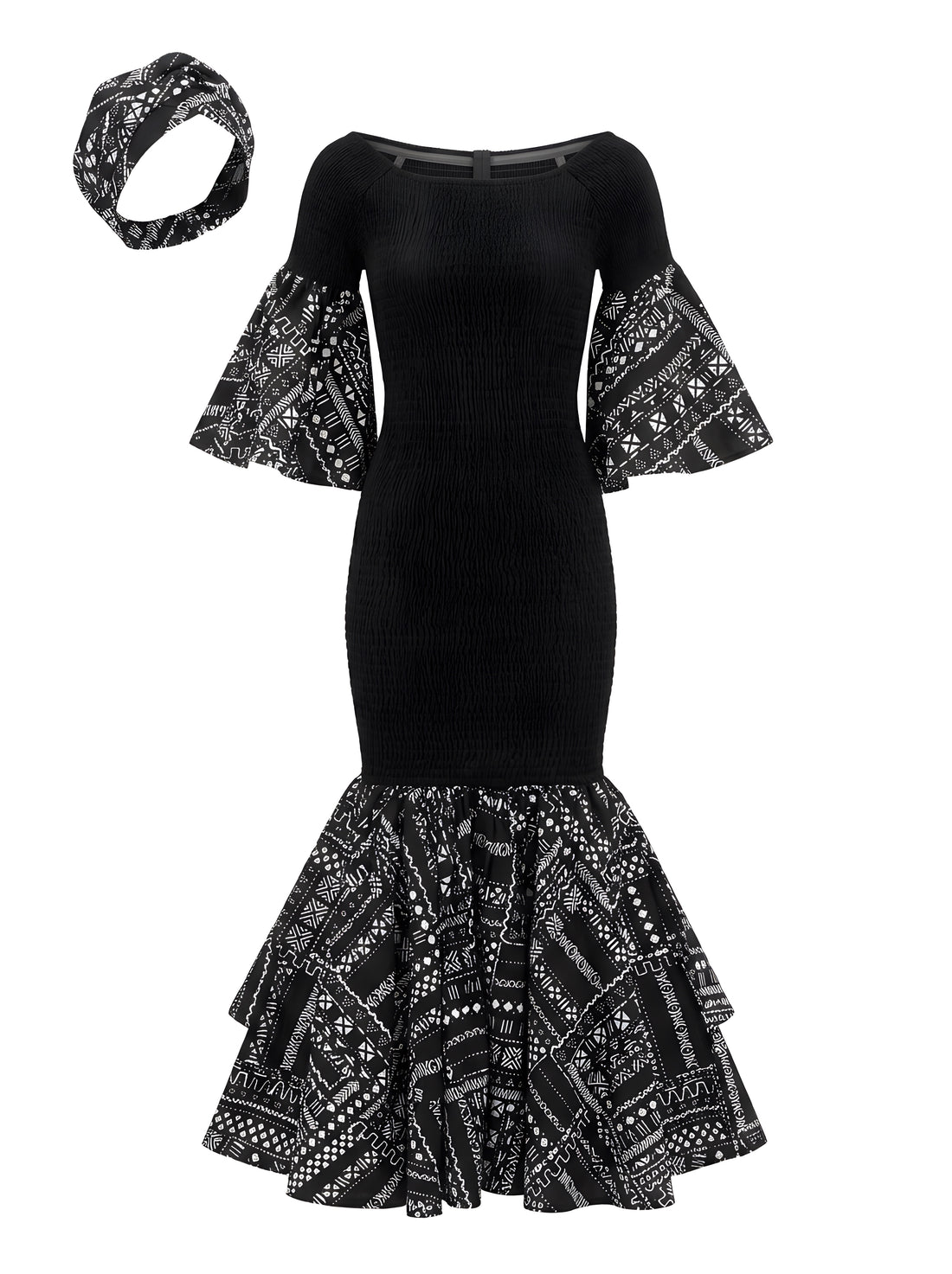 African Trim Black Long Smocked Mermaid/Fish Tail Dress | One Size &amp; Plus Size