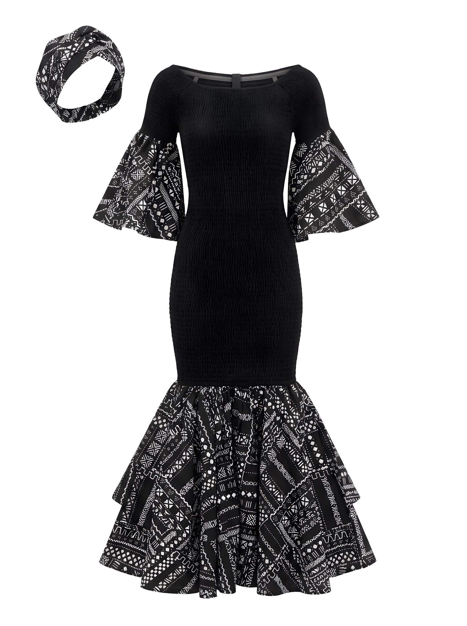 African Trim Black Long Smocked Mermaid/Fish Tail Dress | One Size &amp; Plus Size