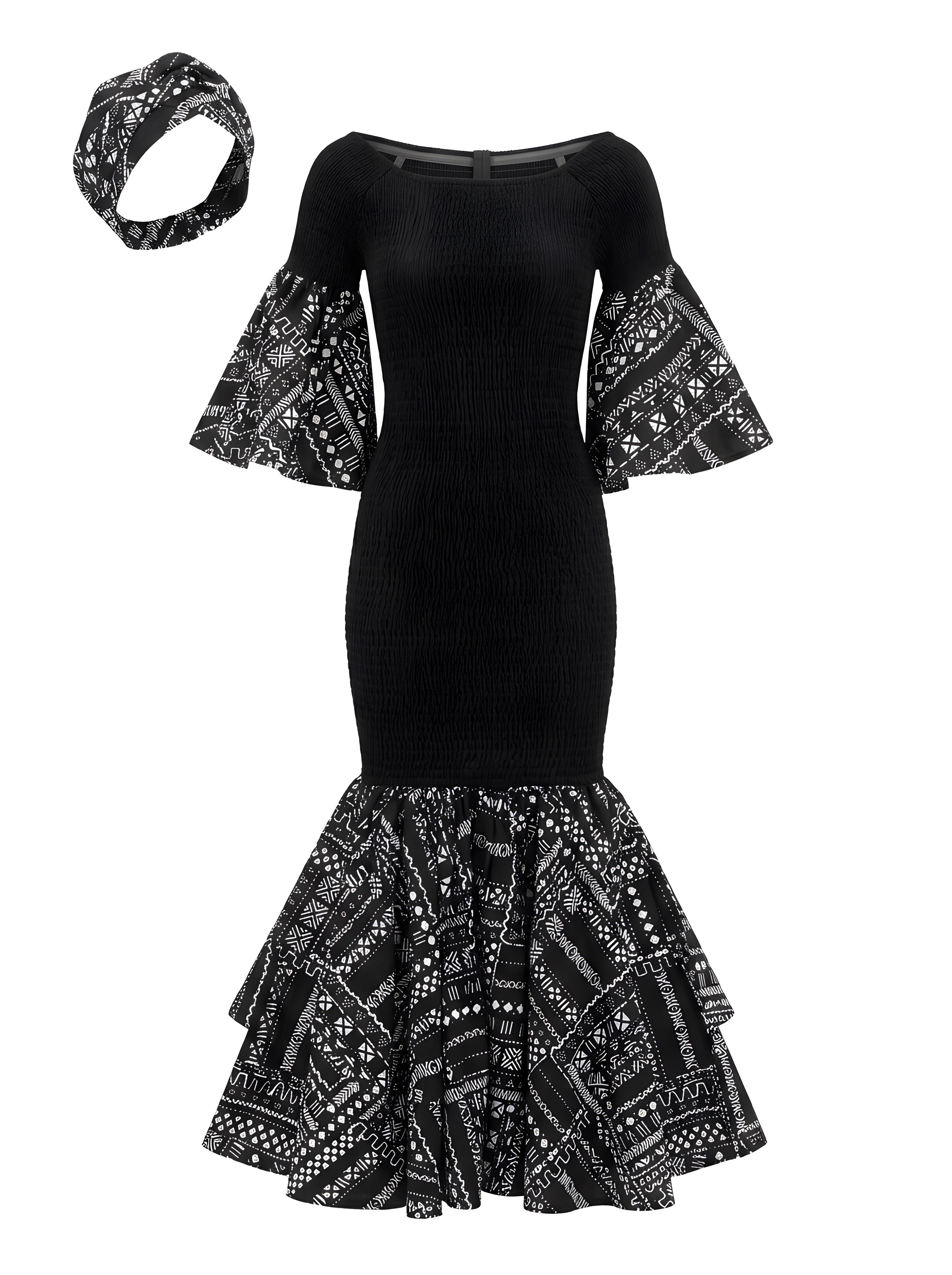 African Trim Black Long Smocked Mermaid/Fish Tail Dress | One Size &amp; Plus Size