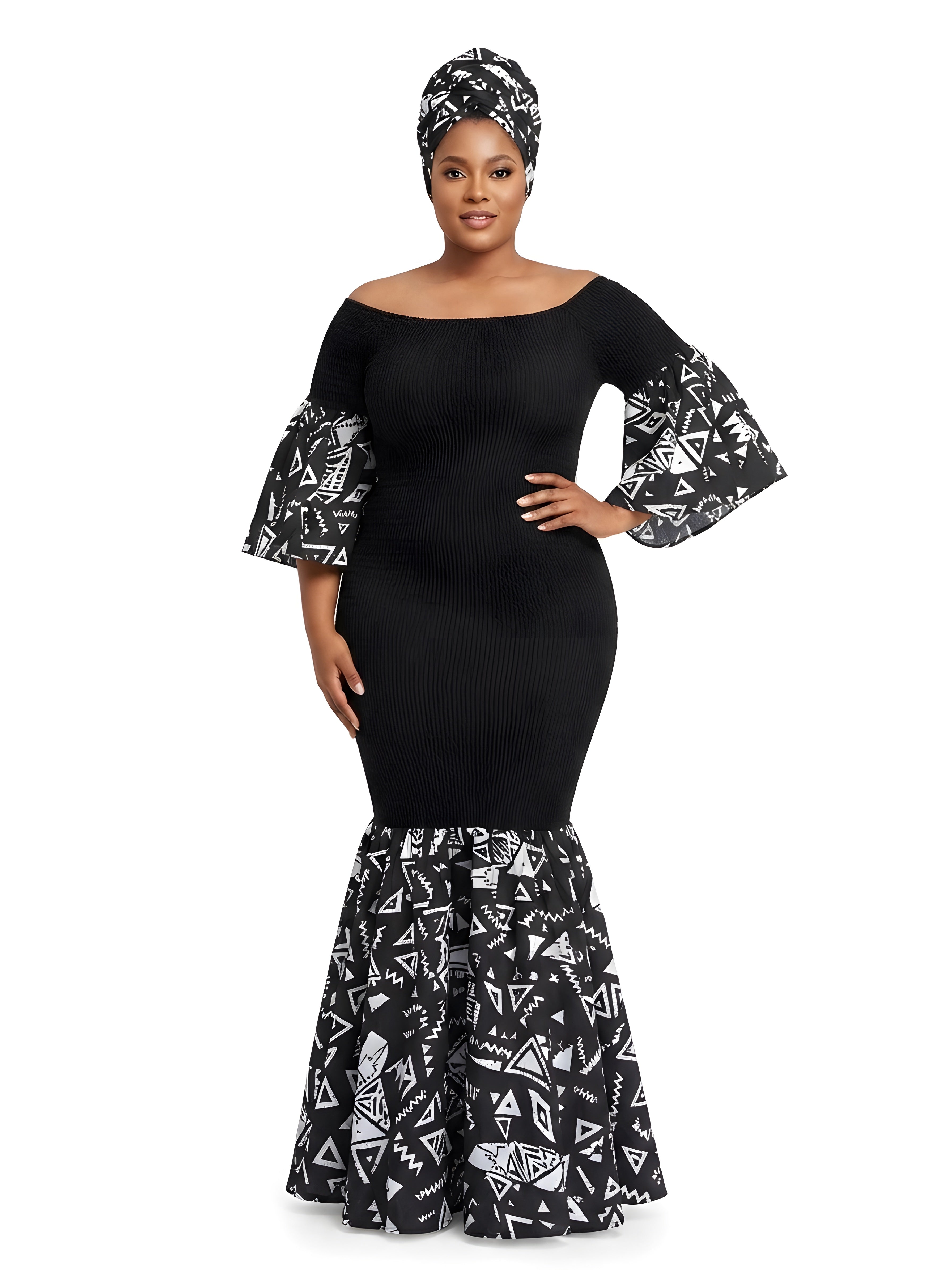 Ankara Trim Black Long Smocked Mermaid/Fish Tail Dress | One Size &amp; Plus Size