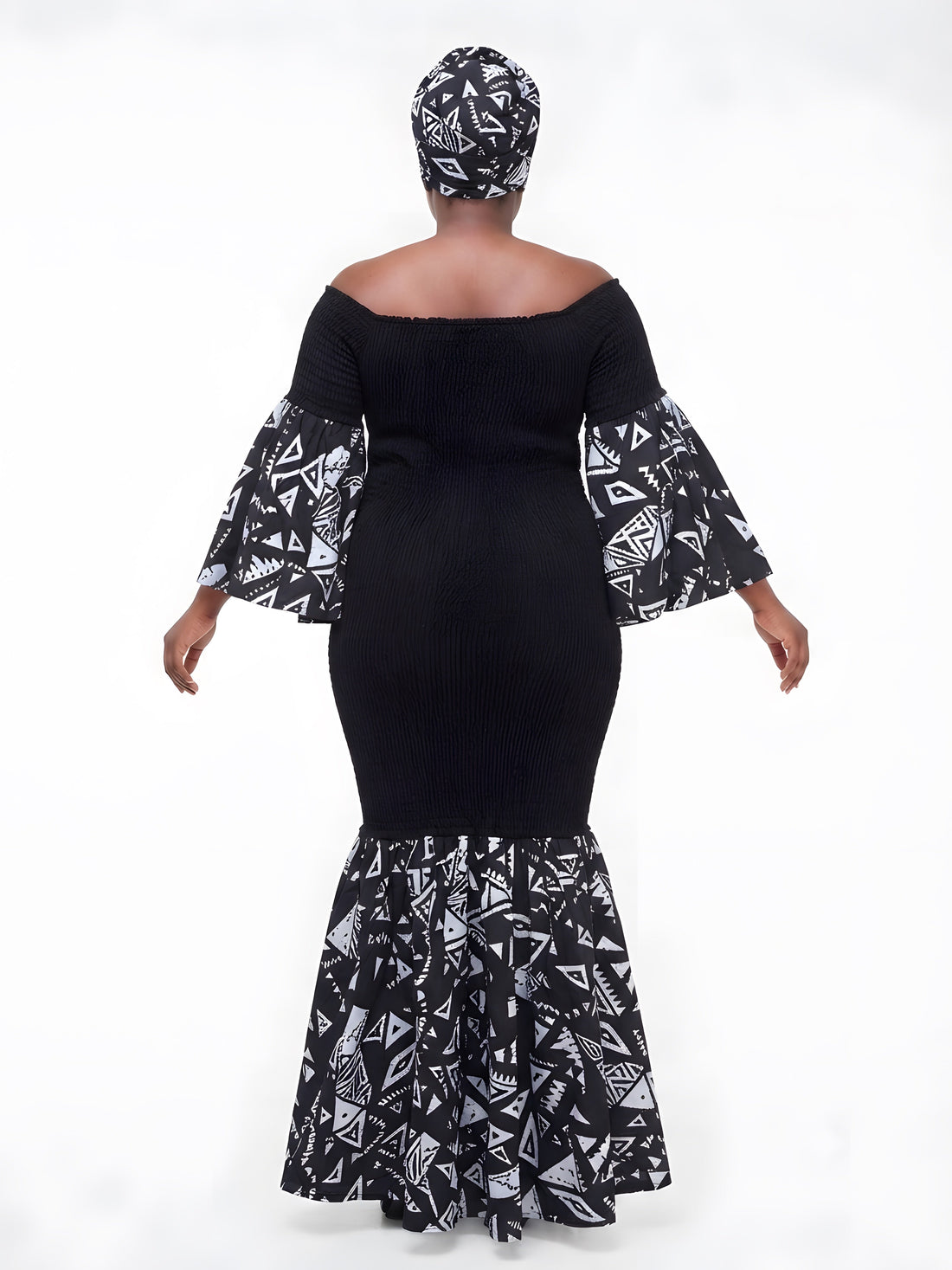 Ankara Trim Black Long Smocked Mermaid/Fish Tail Dress | One Size &amp; Plus Size