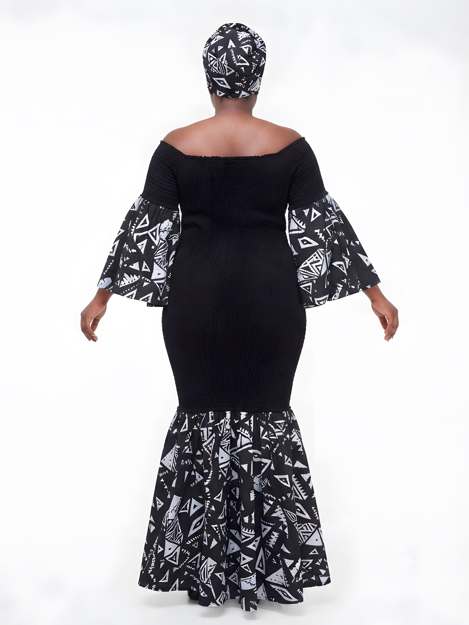 Ankara Trim Black Long Smocked Mermaid/Fish Tail Dress | One Size &amp; Plus Size