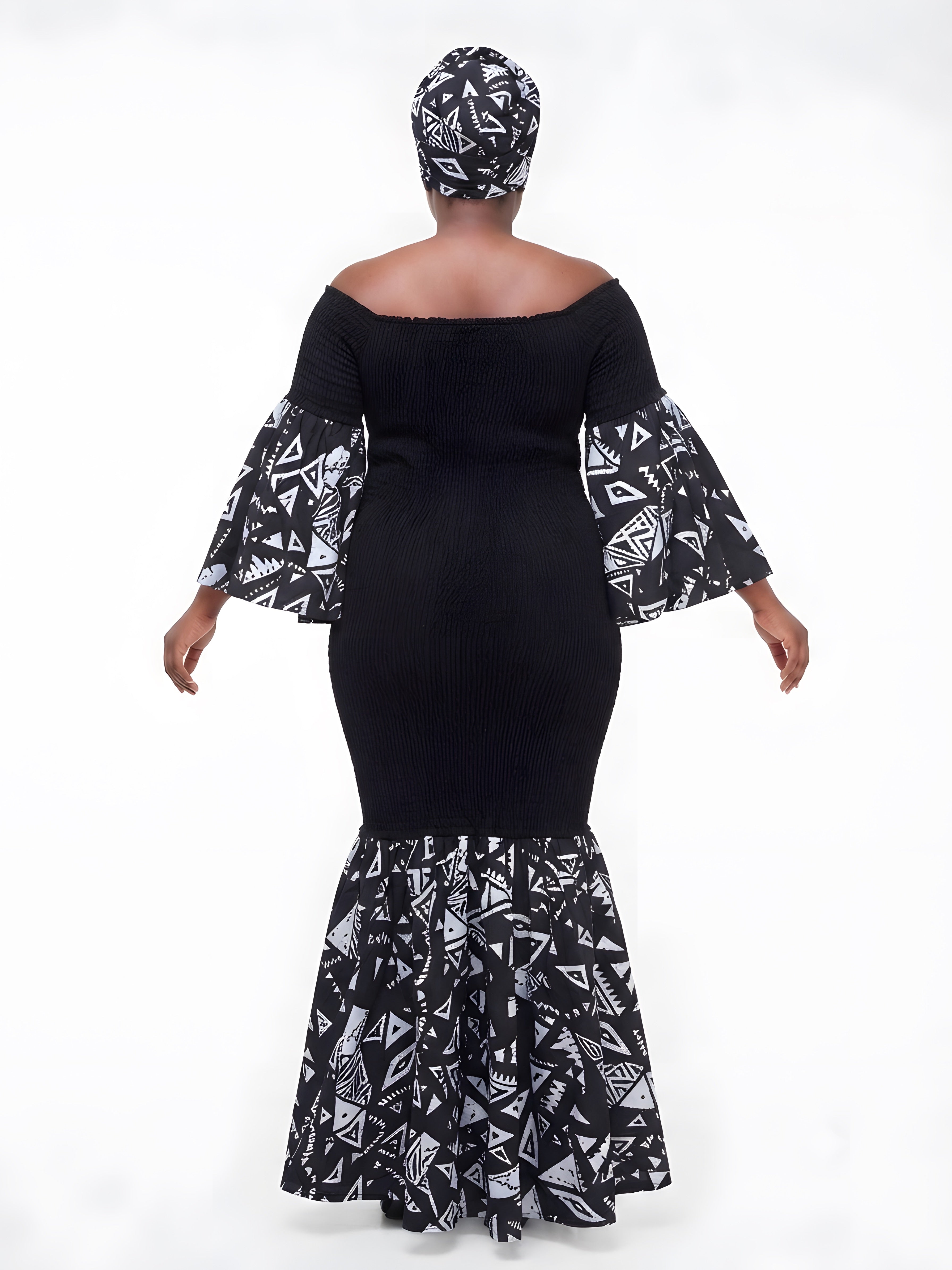 Ankara Trim Black Long Smocked Mermaid/Fish Tail Dress | One Size &amp; Plus Size