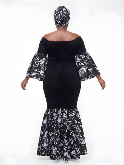 Ankara Trim Black Long Smocked Mermaid/Fish Tail Dress | One Size &amp; Plus Size