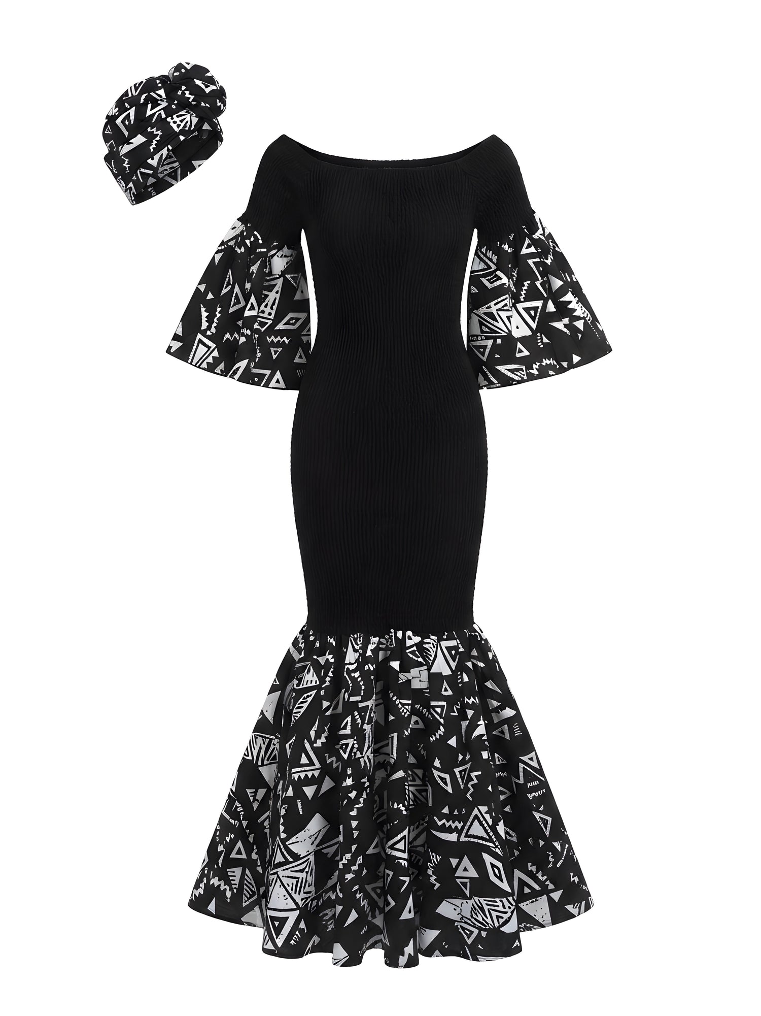 Ankara Trim Black Long Smocked Mermaid/Fish Tail Dress | One Size &amp; Plus Size