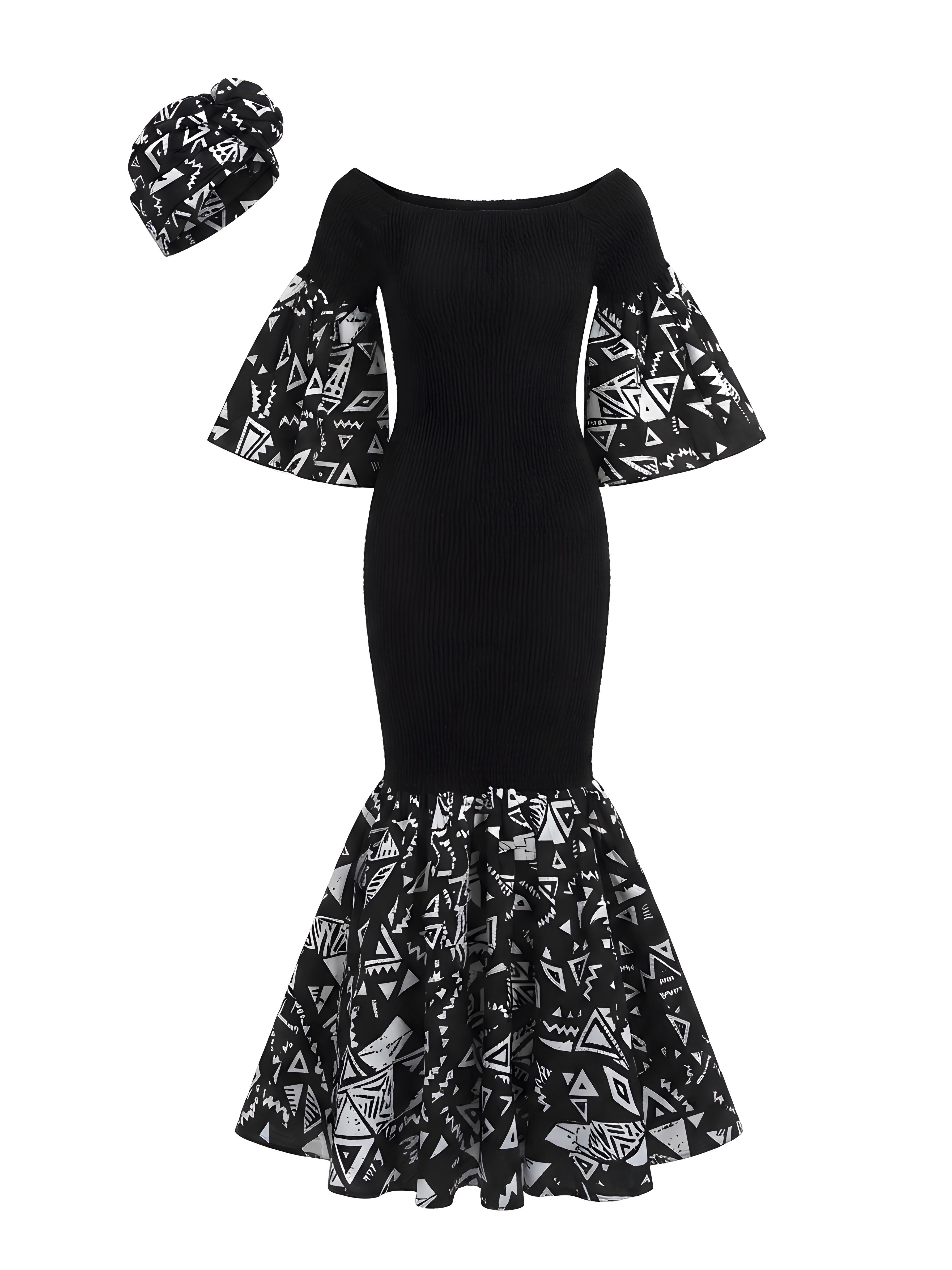 Ankara Trim Black Long Smocked Mermaid/Fish Tail Dress | One Size &amp; Plus Size