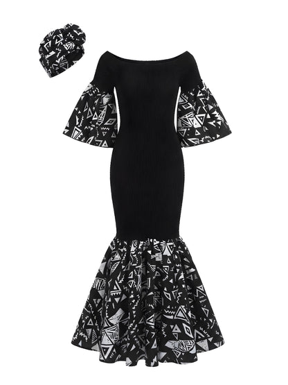 Ankara Trim Black Long Smocked Mermaid/Fish Tail Dress | One Size &amp; Plus Size