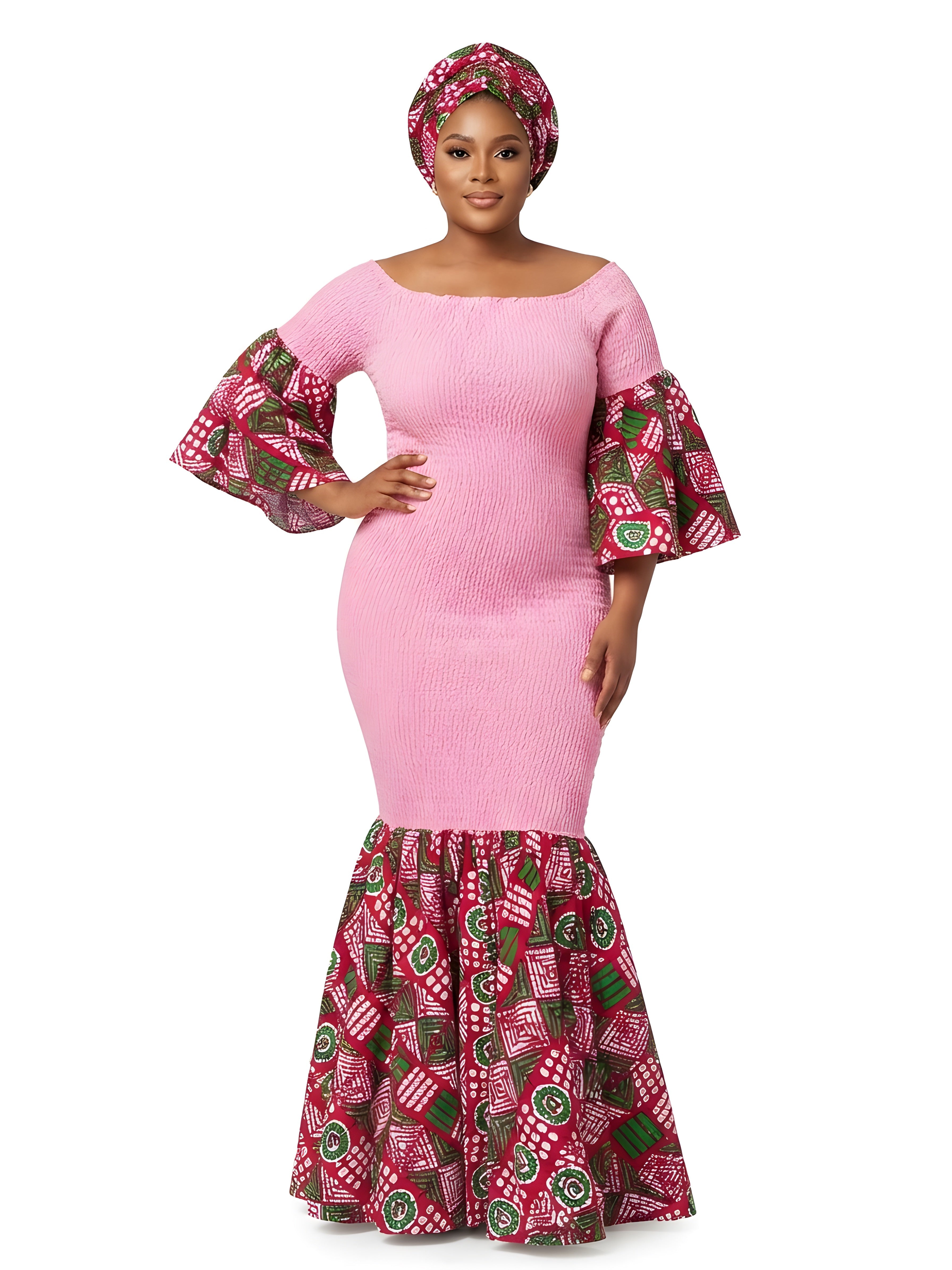 Ankara Trim Black Long Smocked Mermaid/Fish Tail Dress | One Size &amp; Plus Size