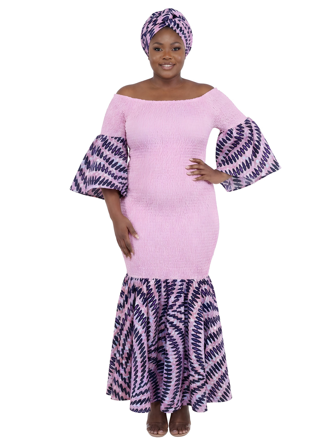 African Trim Pink Long Smocked Mermaid/Fish Tail Dress | One Size