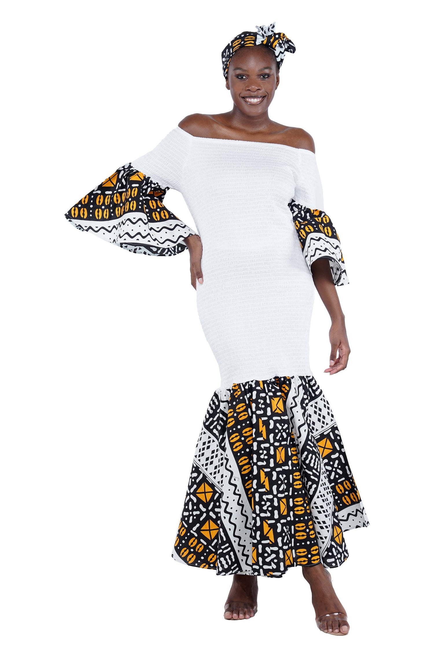 African Trim Black Long Smocked Mermaid/Fish Tail Dress | One Size &amp; Plus Size