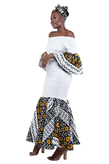 African Trim Black Long Smocked Mermaid/Fish Tail Dress | One Size &amp; Plus Size