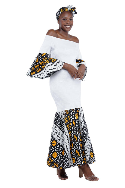 African Trim Black Long Smocked Mermaid/Fish Tail Dress | One Size &amp; Plus Size