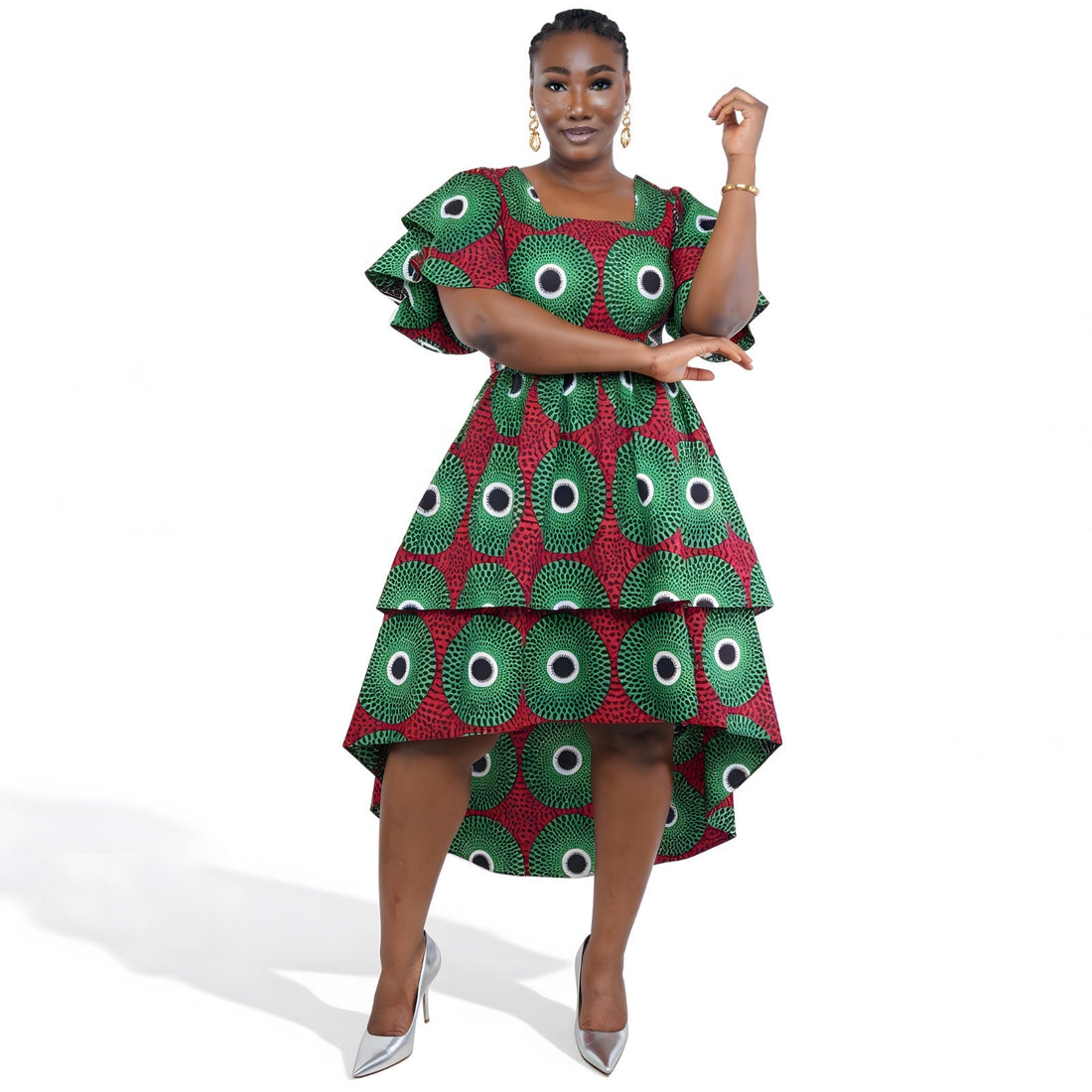 Women’s African Print Two-Tier High Low Dress with Smocked Bodice | One Size