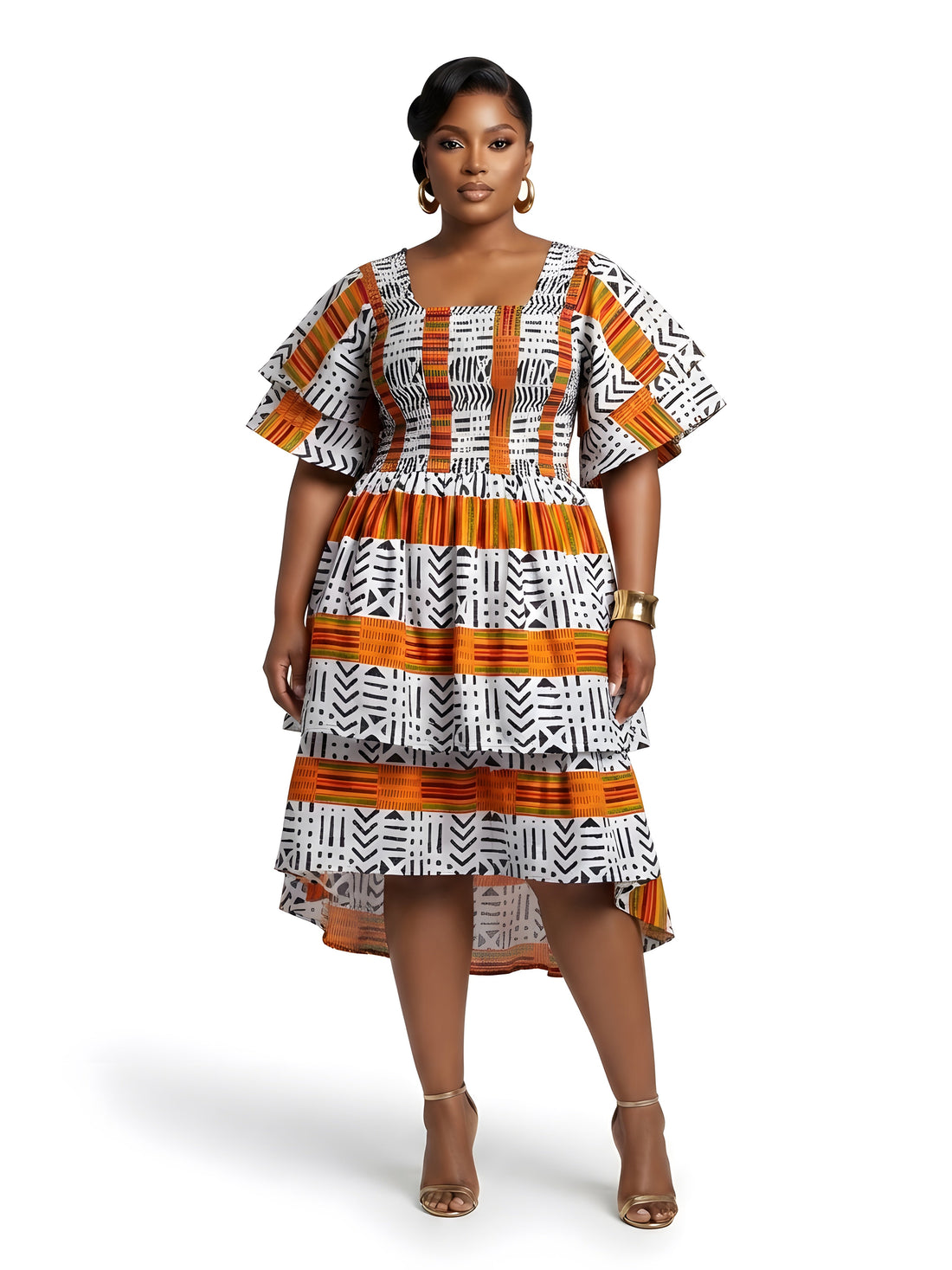 Women’s African Print Two-Tier High Low Dress with Smocked Bodice | One Size