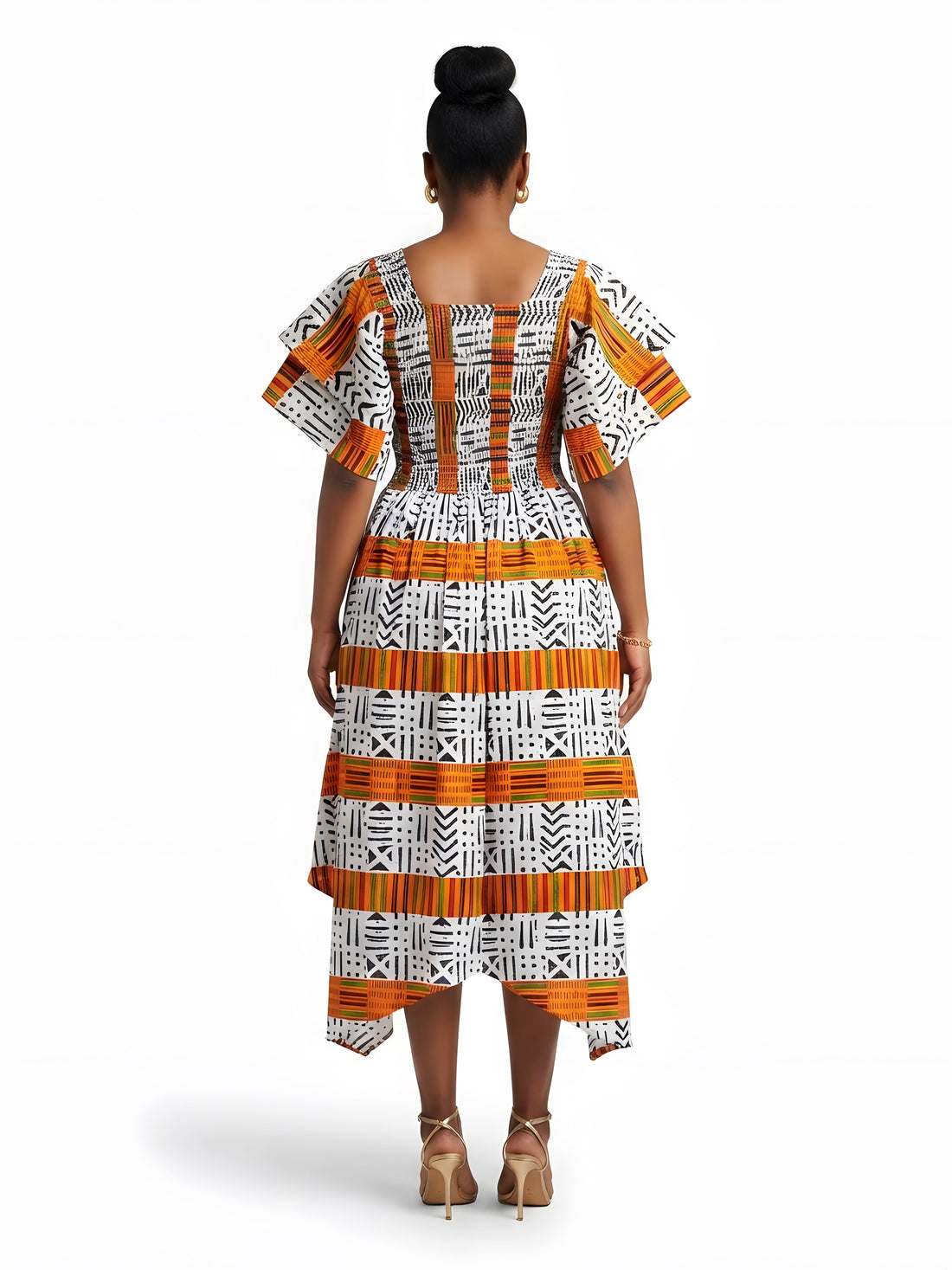Women’s African Print Two-Tier High Low Dress with Smocked Bodice | One Size