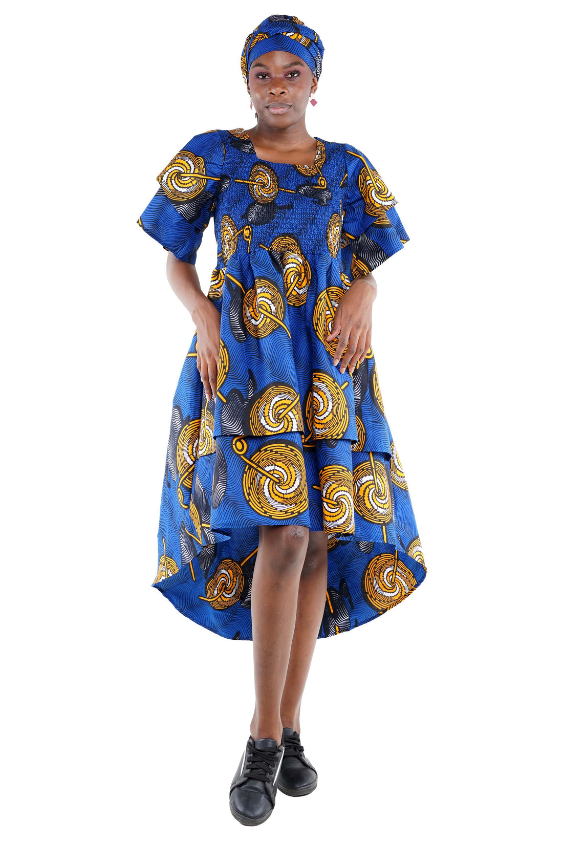 Women’s African Print Two-Tier High Low Dress with Smocked Bodice | One Size