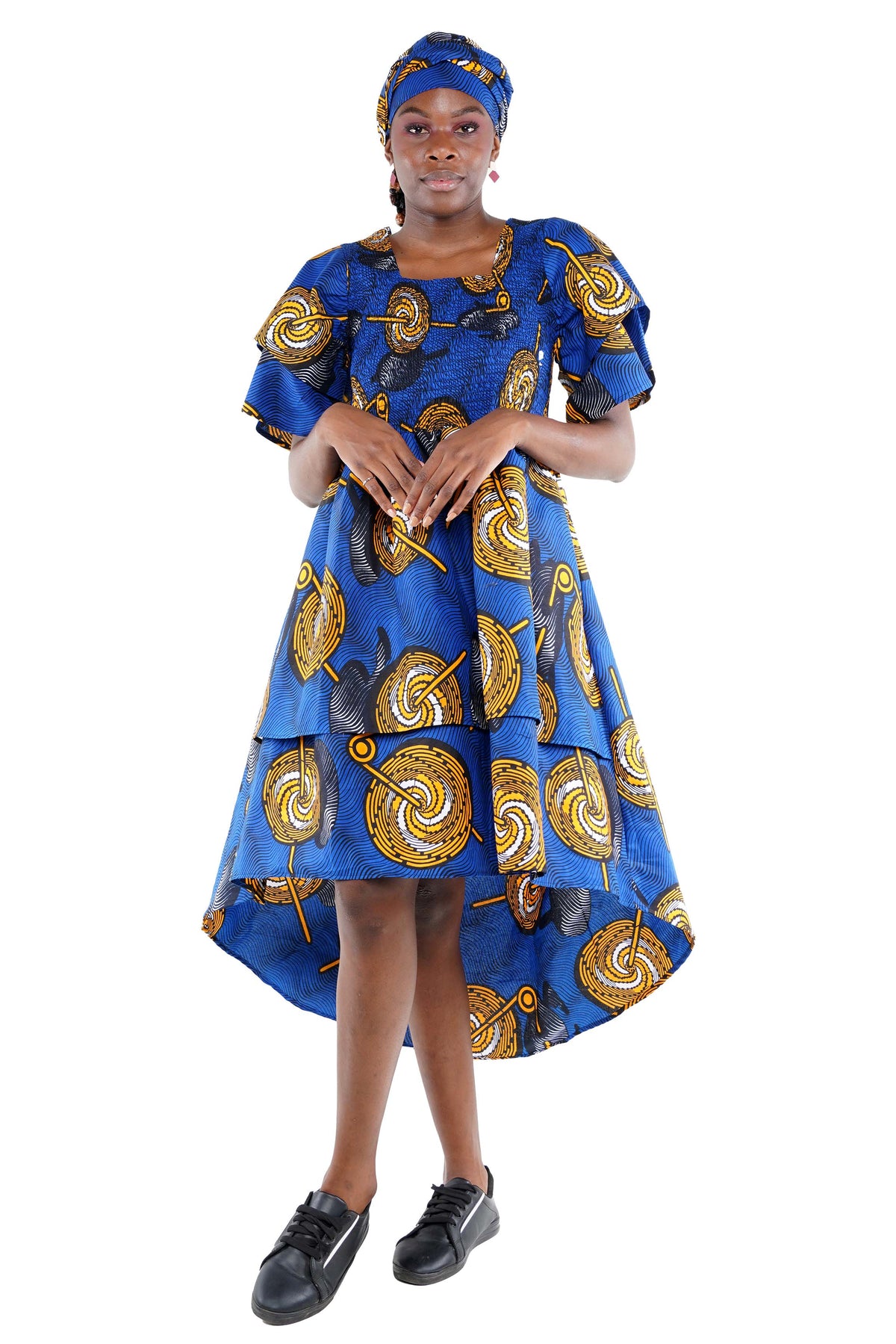 Women’s African Print Two-Tier High Low Dress with Smocked Bodice | One Size