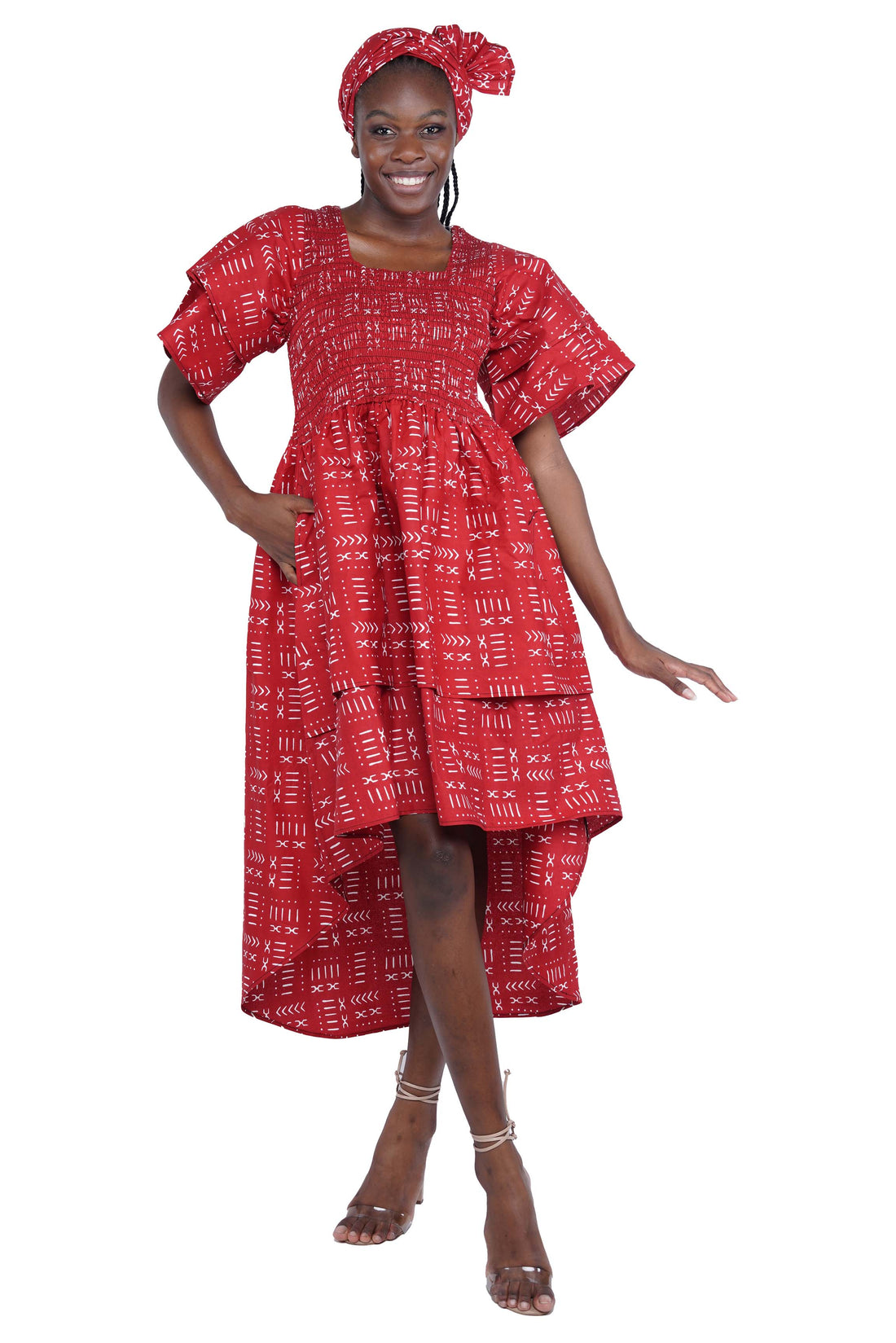 Women’s African Print Two-Tier High Low Dress with Smocked Bodice | One Size