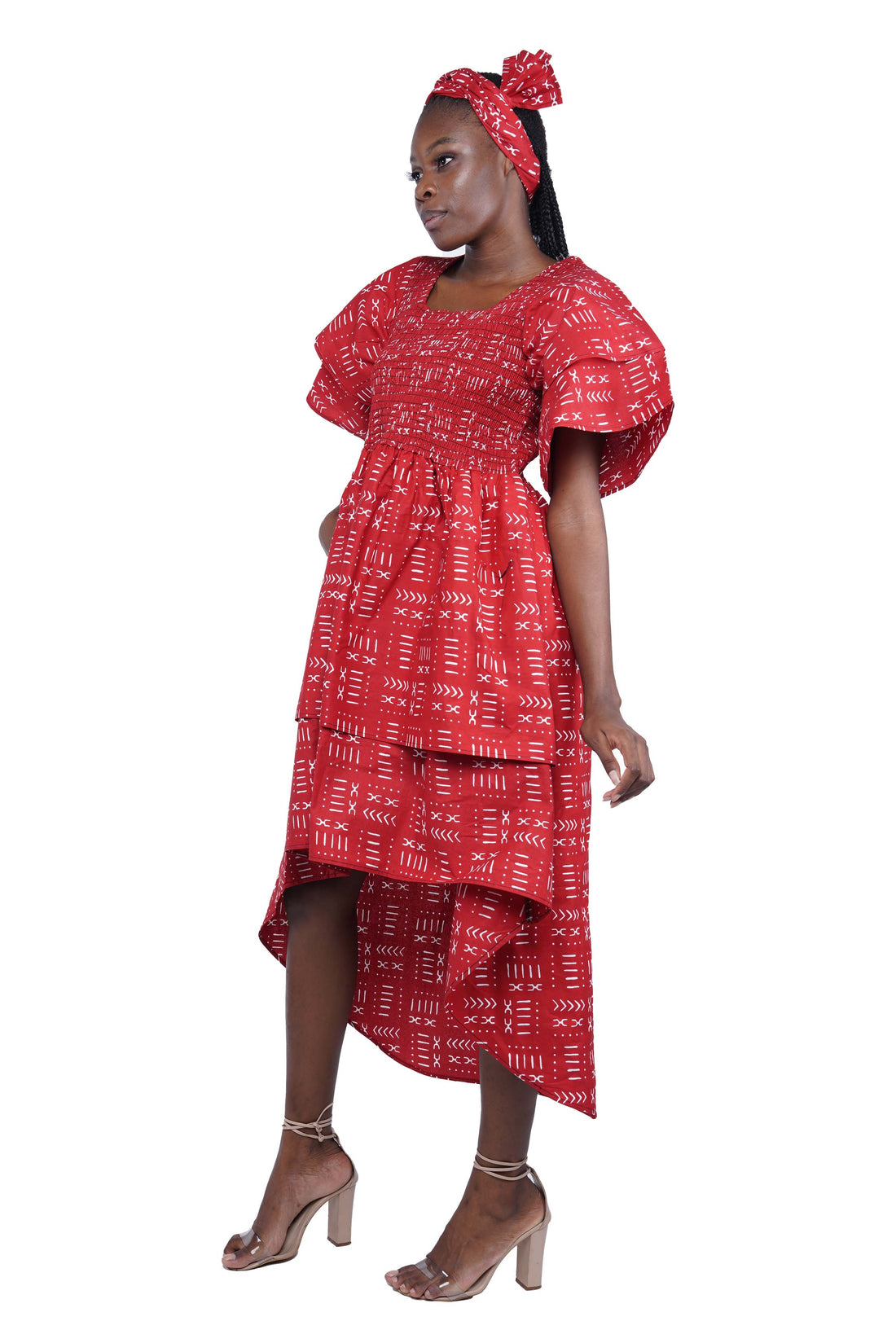 Women’s African Print Two-Tier High Low Dress with Smocked Bodice | One Size
