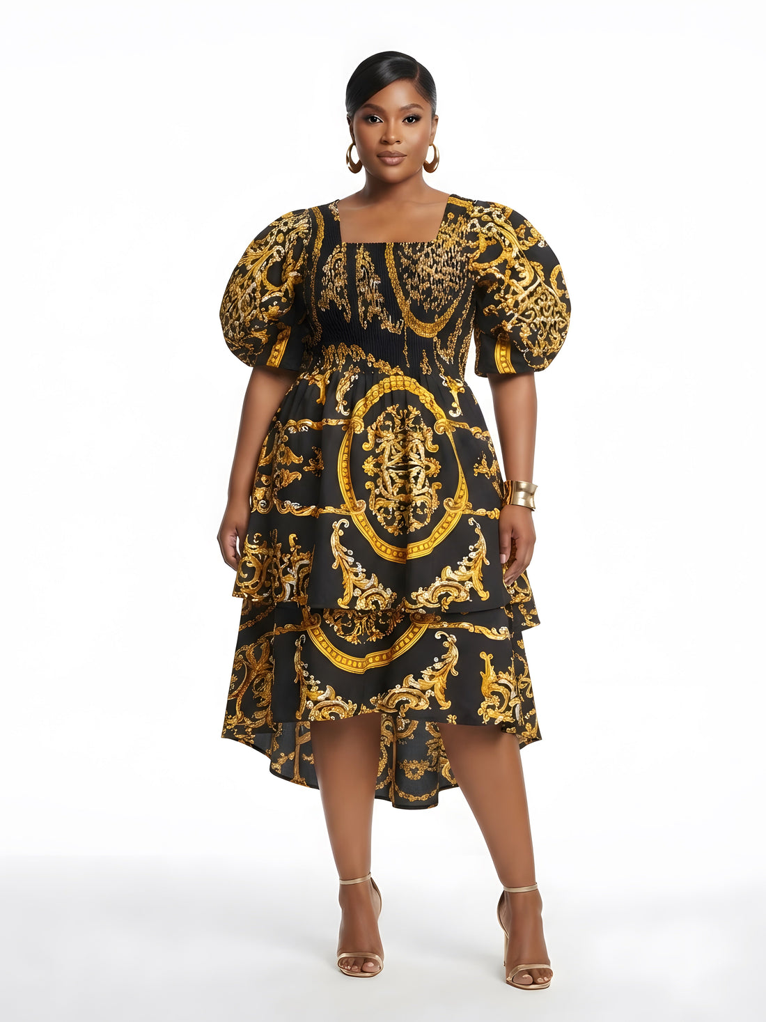 Women’s African Print Two-Tier High Low Dress with Smocked Bodice | One Size