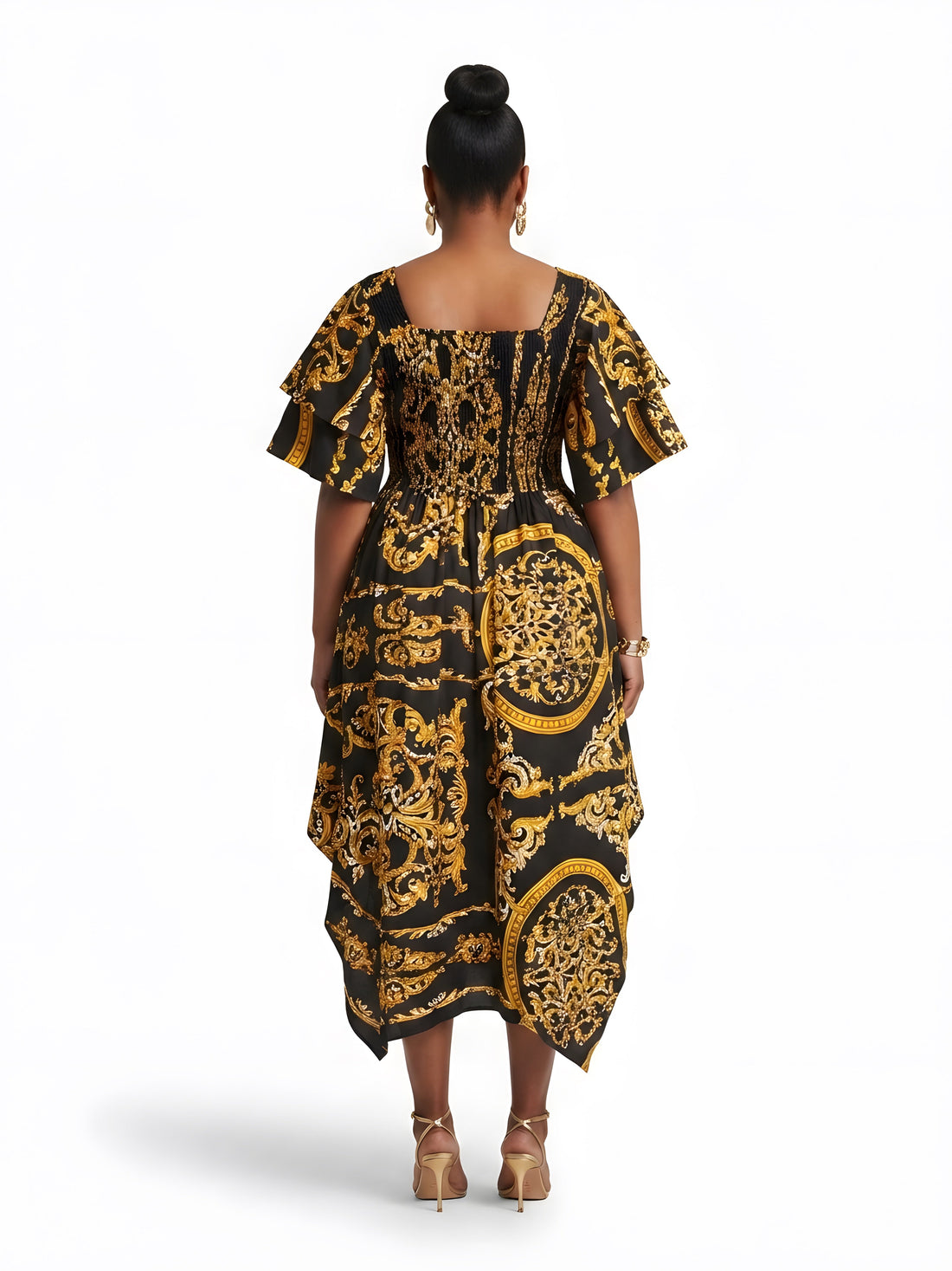 Women’s African Print Two-Tier High Low Dress with Smocked Bodice | One Size