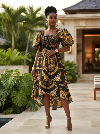 Women’s African Print Two-Tier High Low Dress with Smocked Bodice | One Size