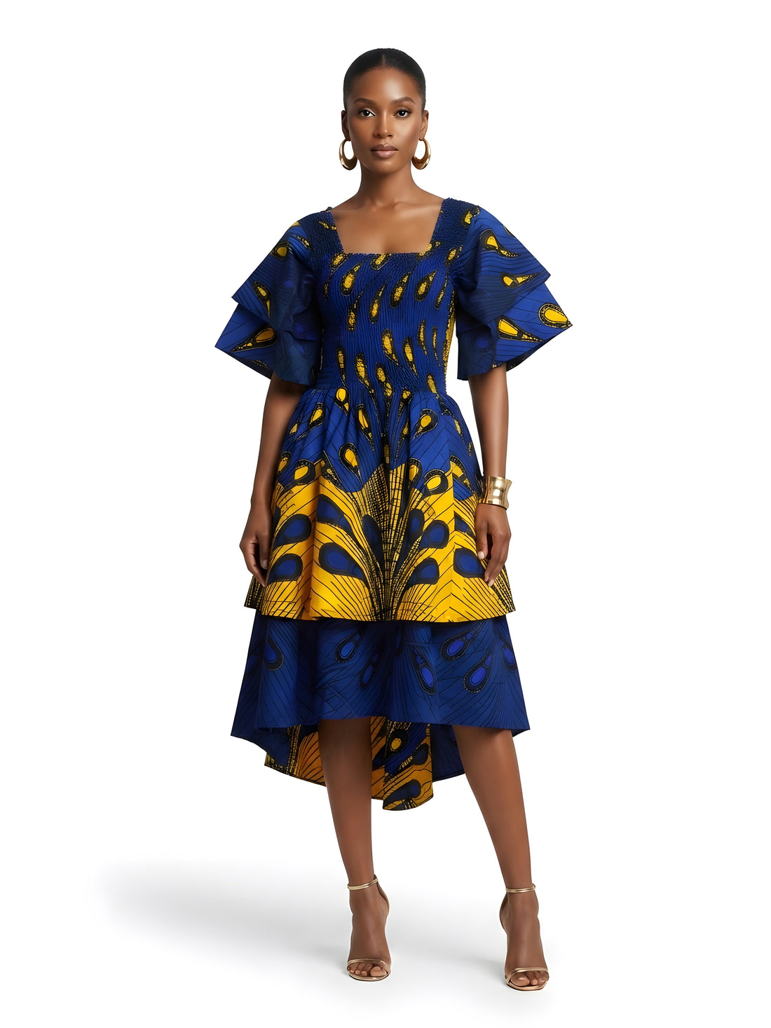 Women’s African Print Two-Tier High Low Dress with Smocked Bodice | One Size