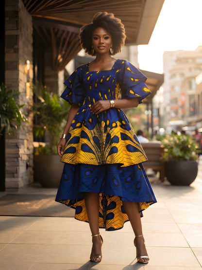 Women’s African Print Two-Tier High Low Dress with Smocked Bodice | One Size
