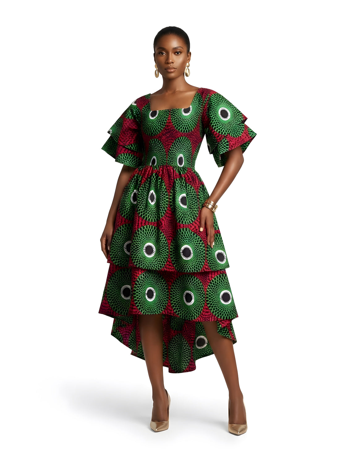 Women’s African Print Two-Tier High Low Dress with Smocked Bodice | One Size