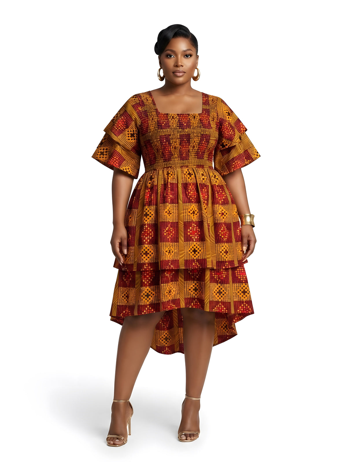 Women’s African Print Two-Tier High Low Dress with Smocked Bodice | One Size