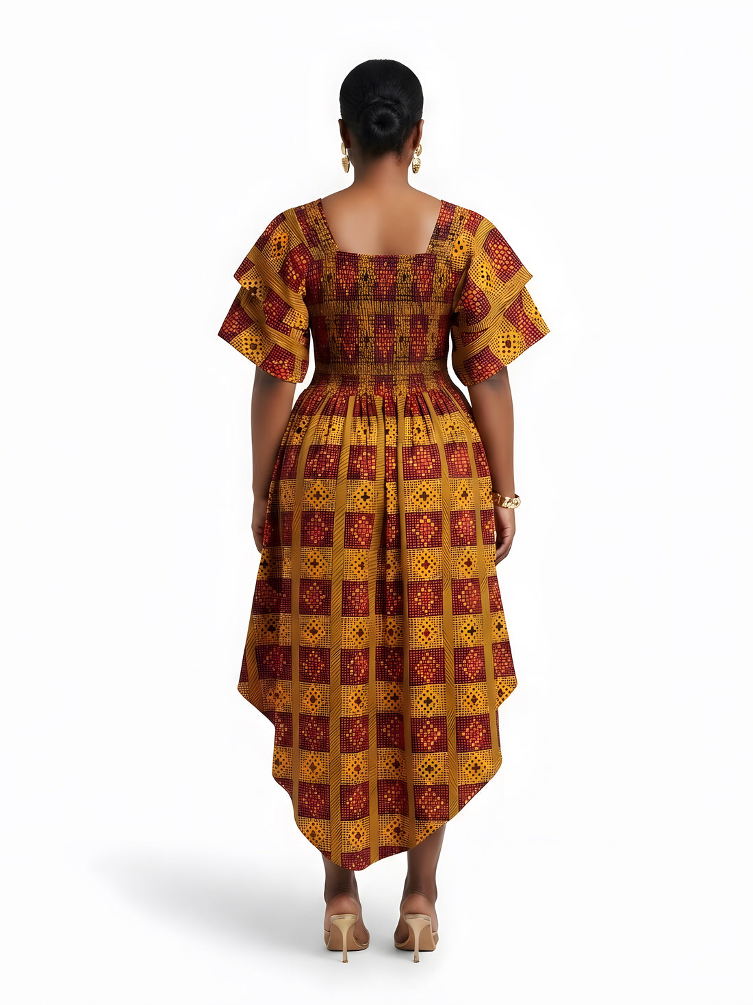Women’s African Print Two-Tier High Low Dress with Smocked Bodice | One Size