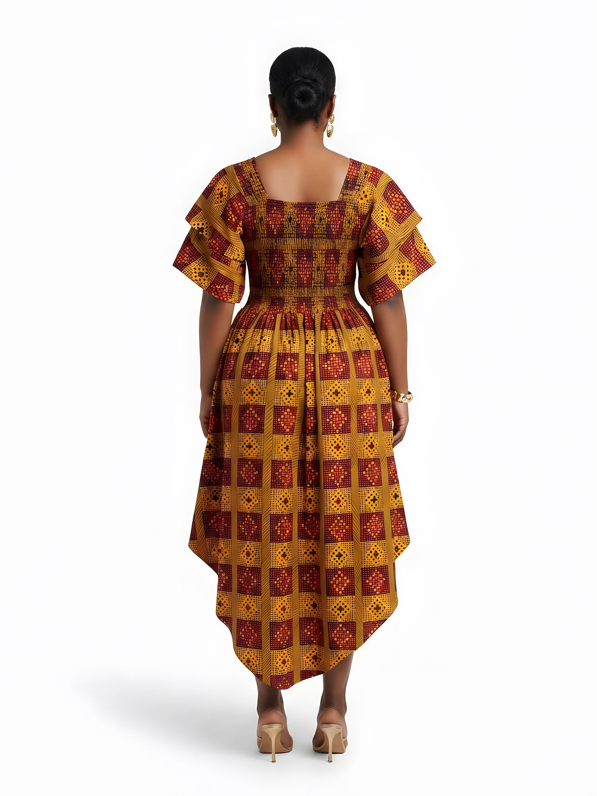 Women’s African Print Two-Tier High Low Dress with Smocked Bodice | One Size