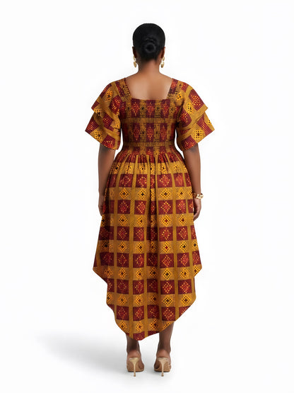 Women’s African Print Two-Tier High Low Dress with Smocked Bodice | One Size