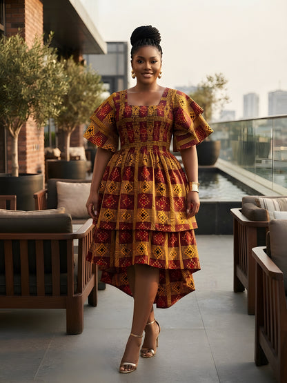 Women’s African Print Two-Tier High Low Dress with Smocked Bodice | One Size