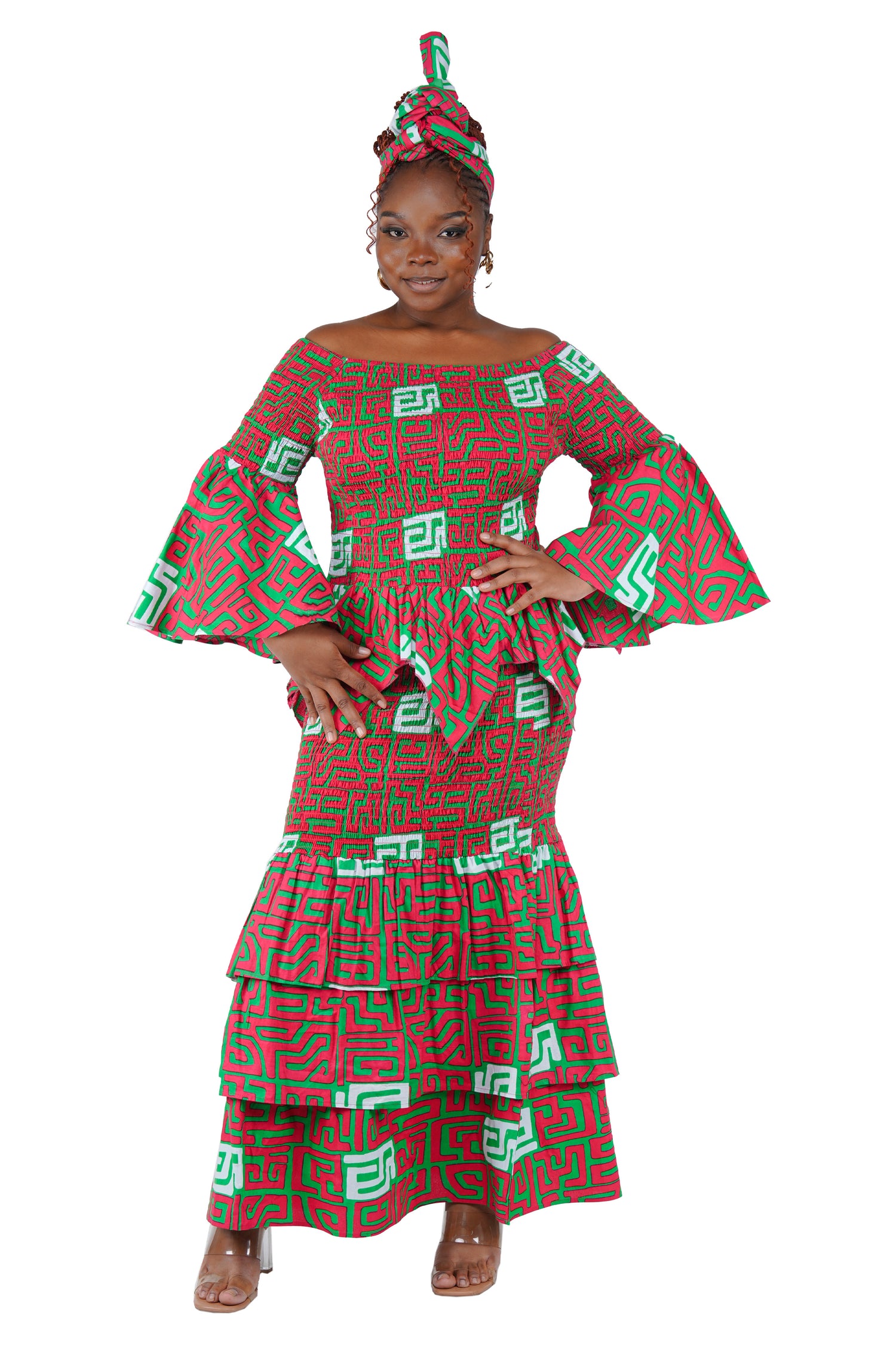 African print smocked top and fishtail skirt set with head wrap