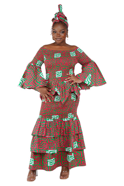 African print smocked top and fishtail skirt set with head wrap