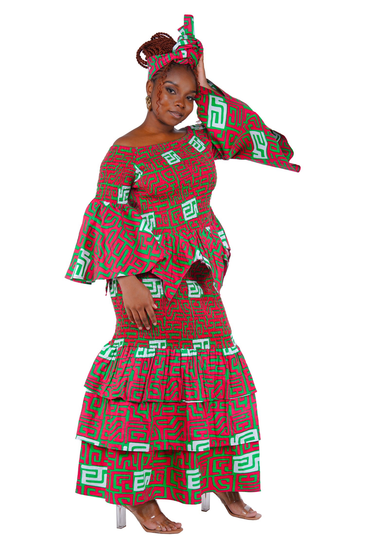 African print smocked fishtail skirt with double layered hem