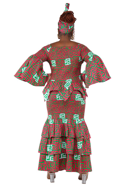 Back view of African print smocked skirt and top set