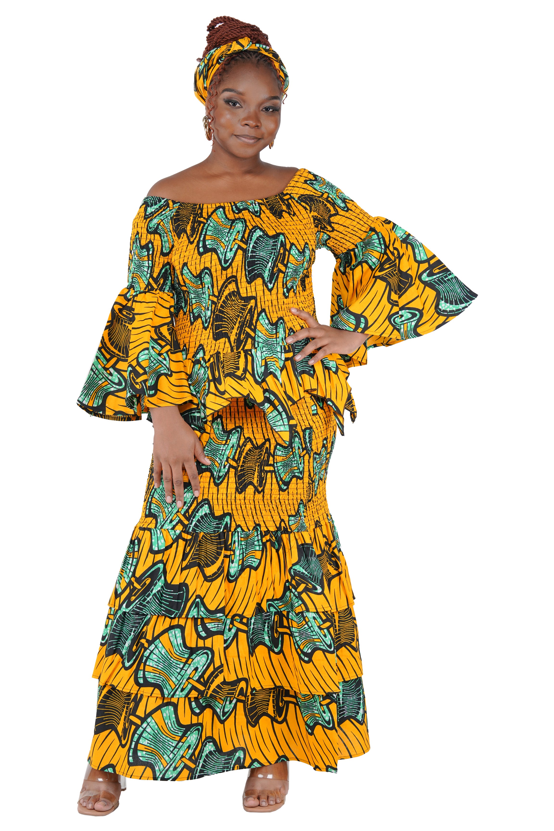 African print fishtail skirt with layered hem