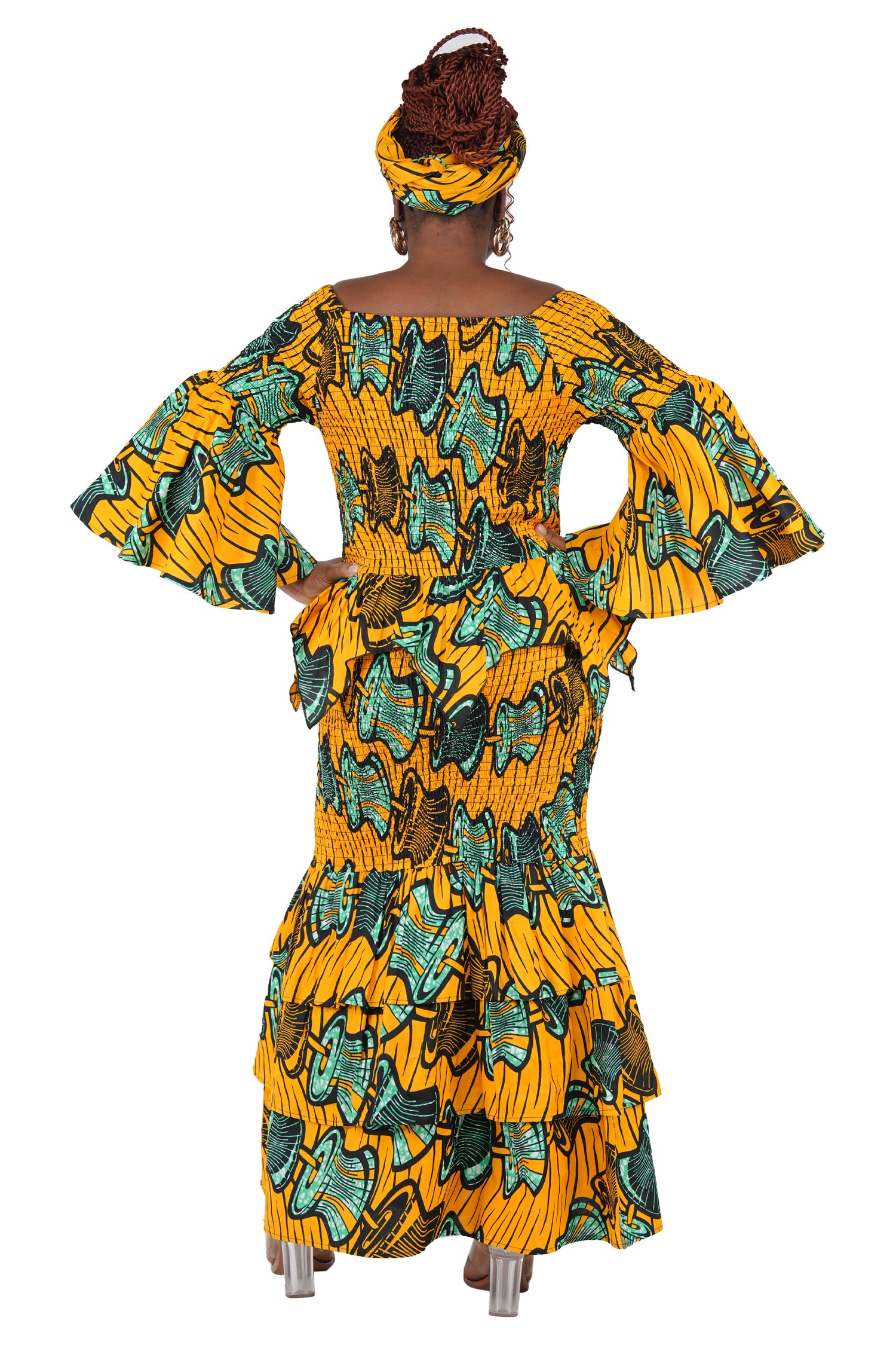 African print smocked top and fishtail skirt set with head wrap