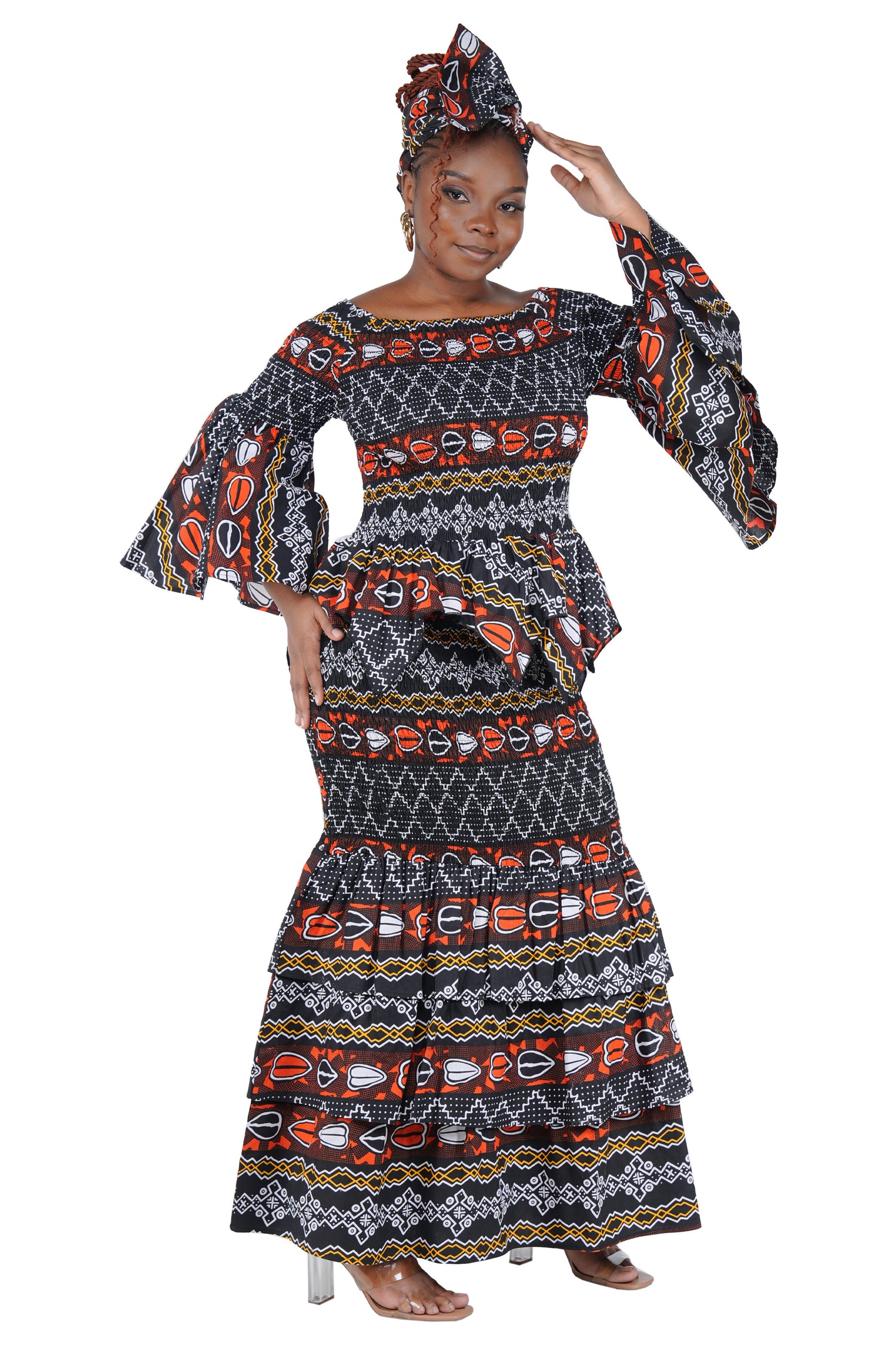 African print smocked fishtail skirt with double layered hem – side view