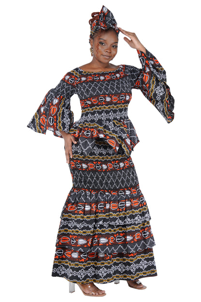 African print smocked fishtail skirt with double layered hem – side view