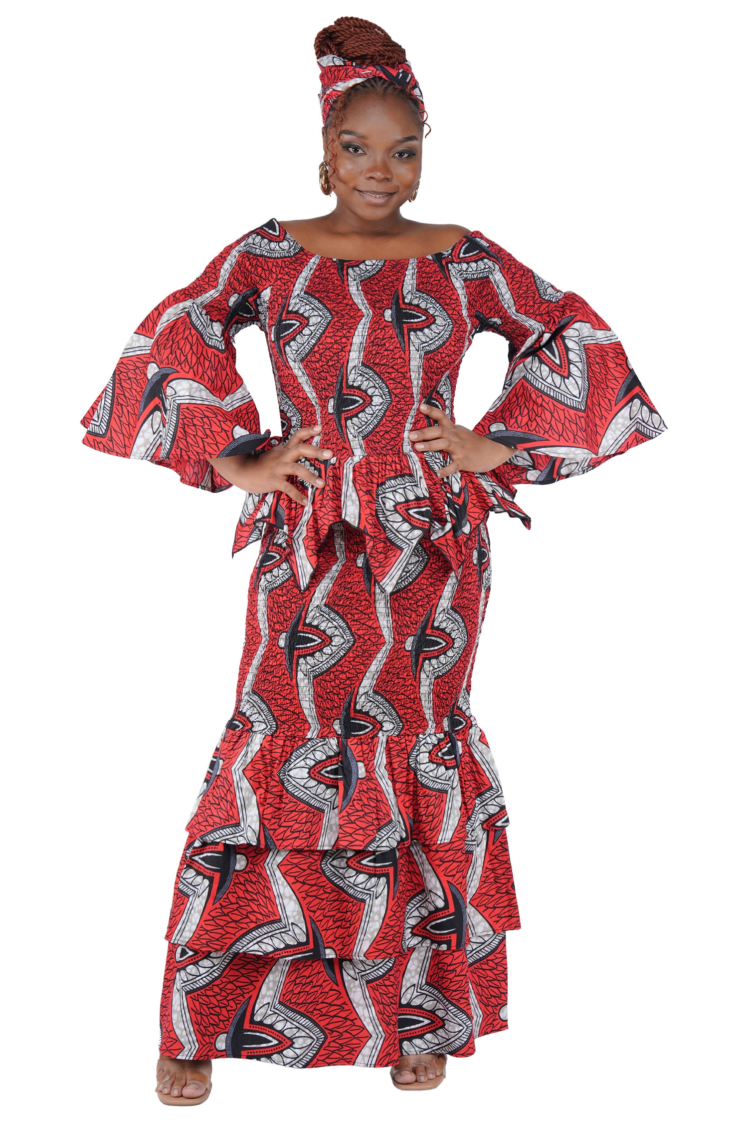 African print smocked top and fishtail skirt set with head wrap