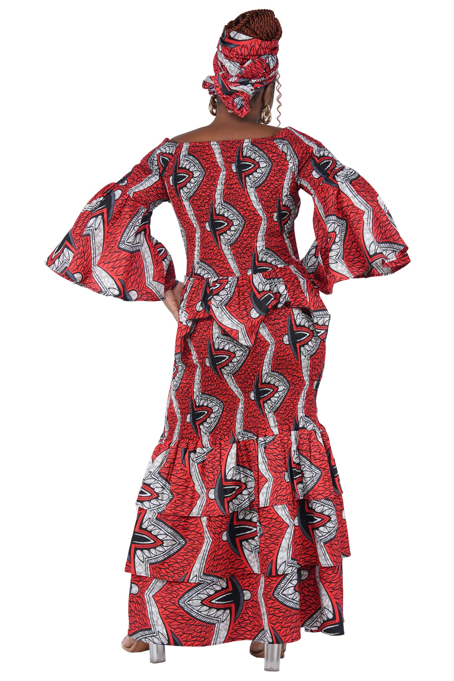 African print smocked fishtail skirt with double layered hem – side view