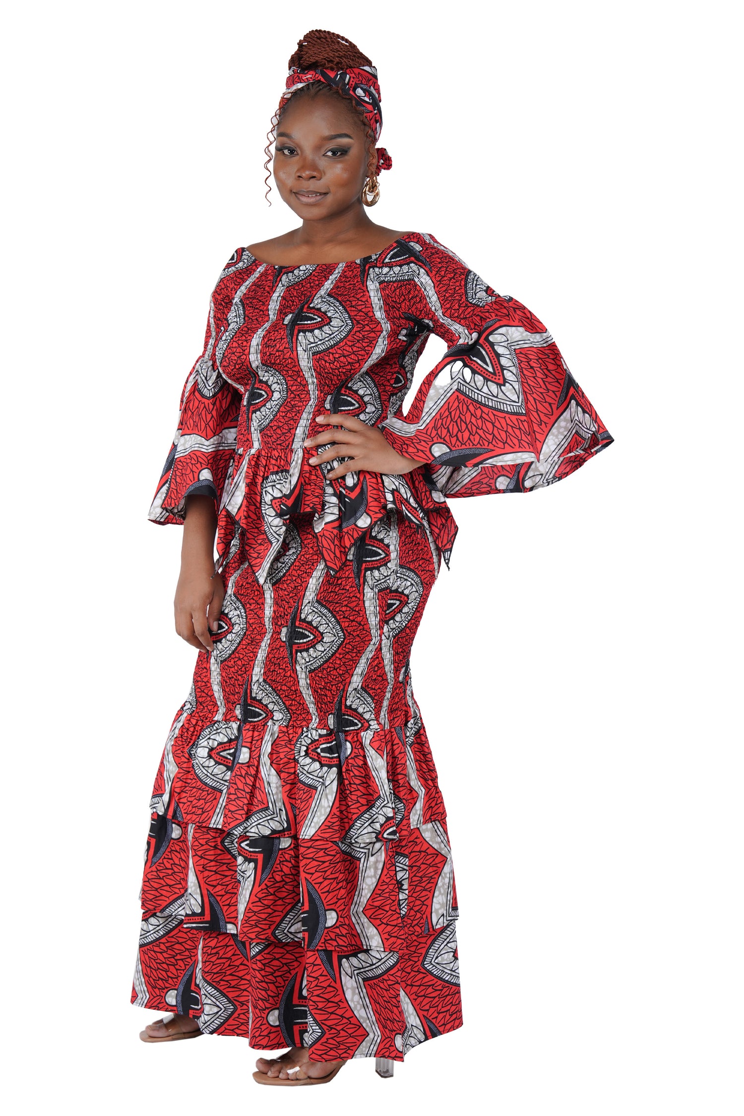 Back view of African print smocked skirt and top set
