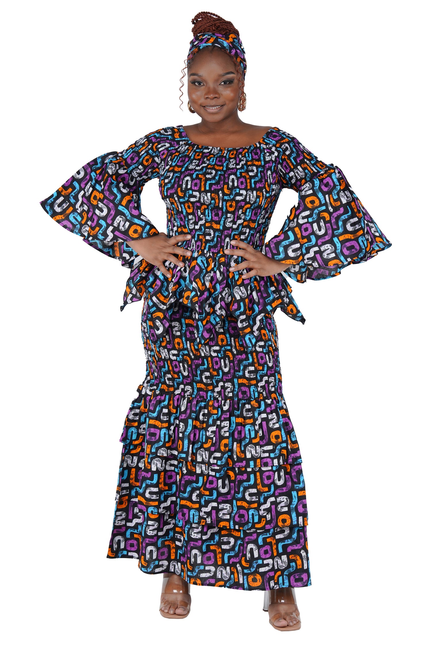 Close-up of smocked detailing on cotton African print top