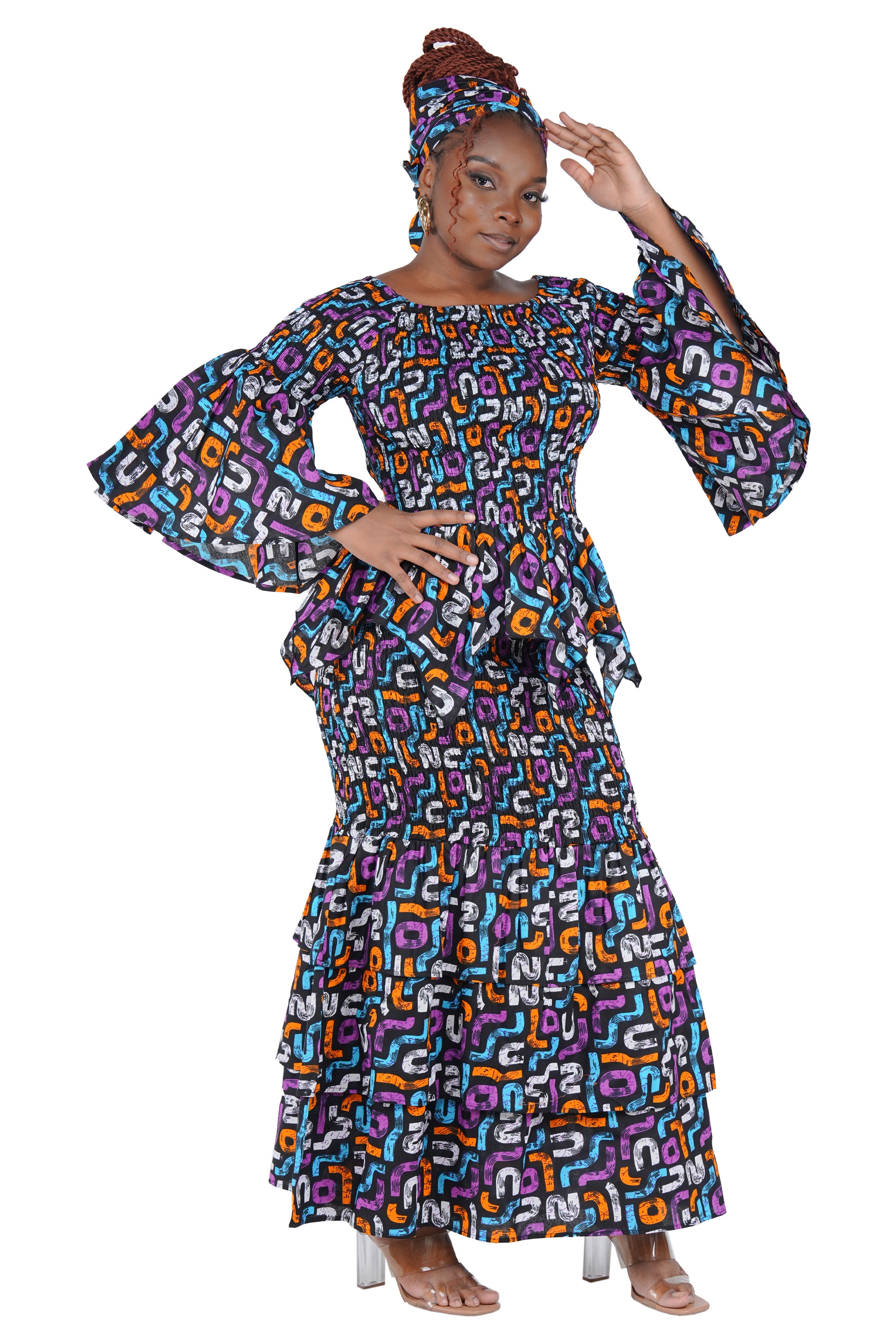 African print fishtail skirt with layered hem – fabric detail
