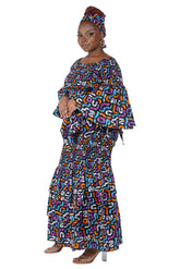 African print smocked top and fishtail skirt set with head wrap