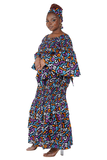 African print smocked top and fishtail skirt set with head wrap