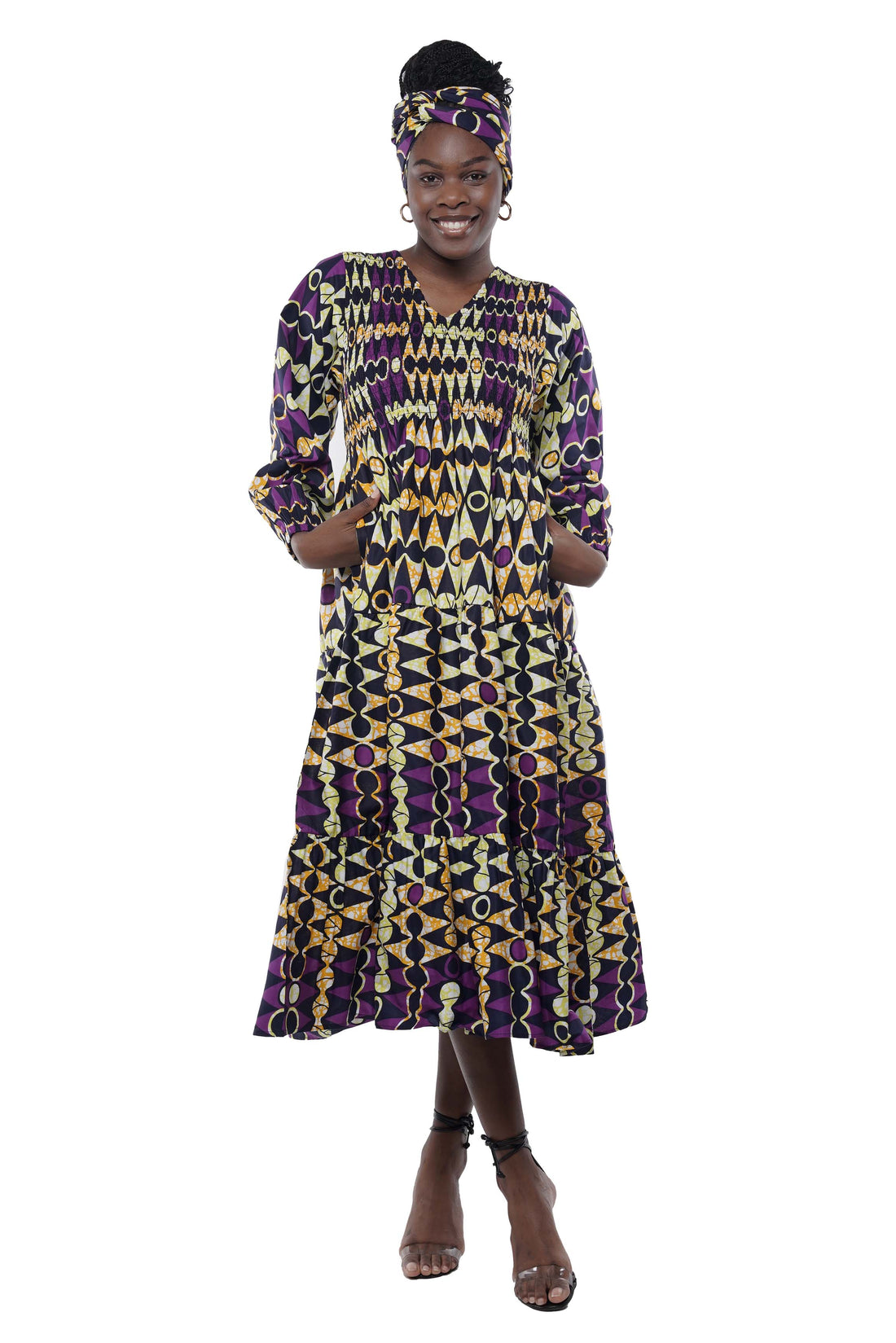African smocked maxi tiered dress with long sleeves and headwrap
Cotton V-neck African maxi dress with pockets
Afrocentric long sleeve tiered dress one size fits most
African dresses for women